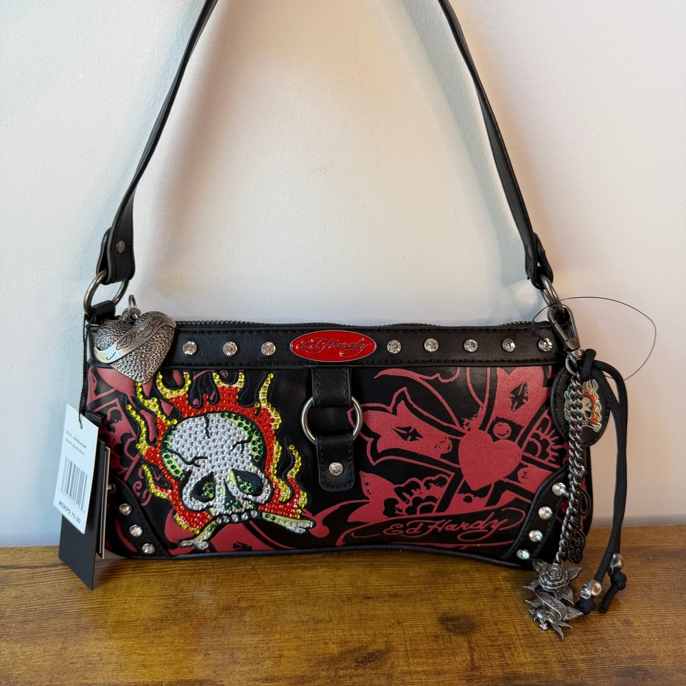 New Ed Hardy Black Red Skull Fire Cross Gothic Shoulder Handbag Y2K Rhinestones